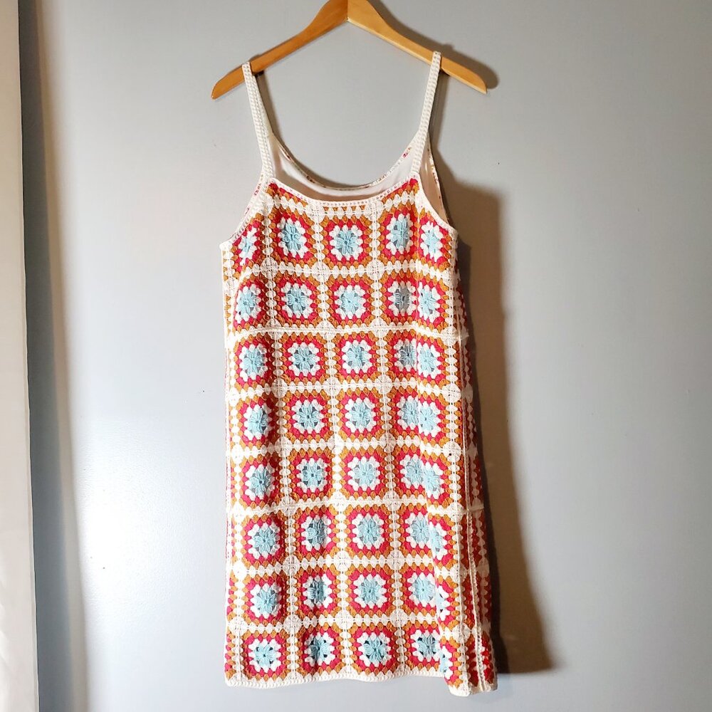Y2K Crochet Granny Square Dress Large Boho Coastal Retro Knit - Picture 10 of 11